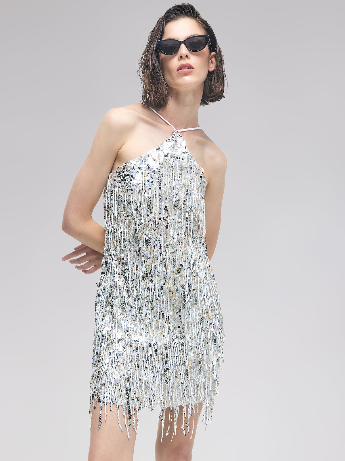 Tassel Sequin Halter Mini Dress