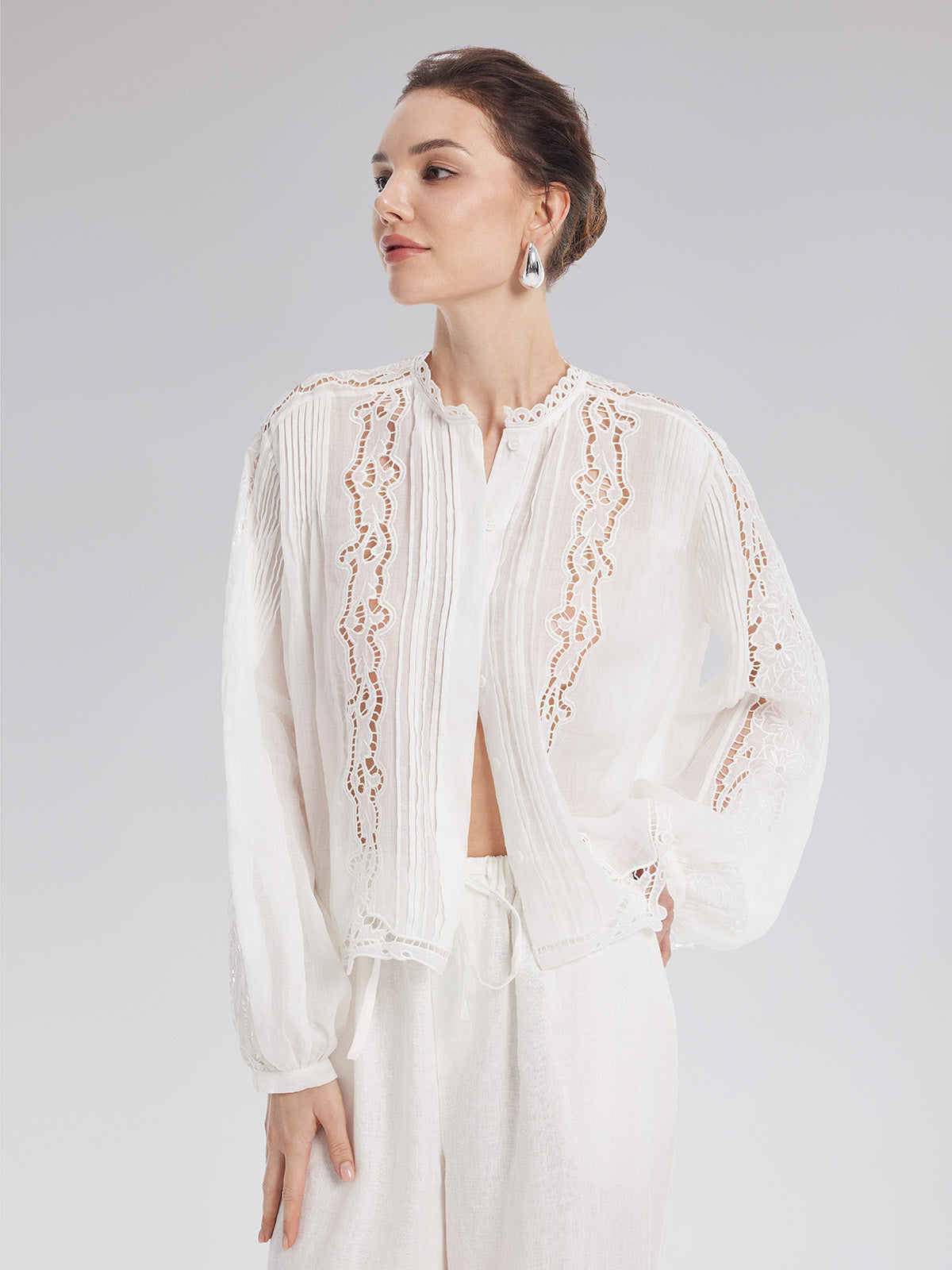 Pleated Hollow Embroidered Blouse - Star Queen