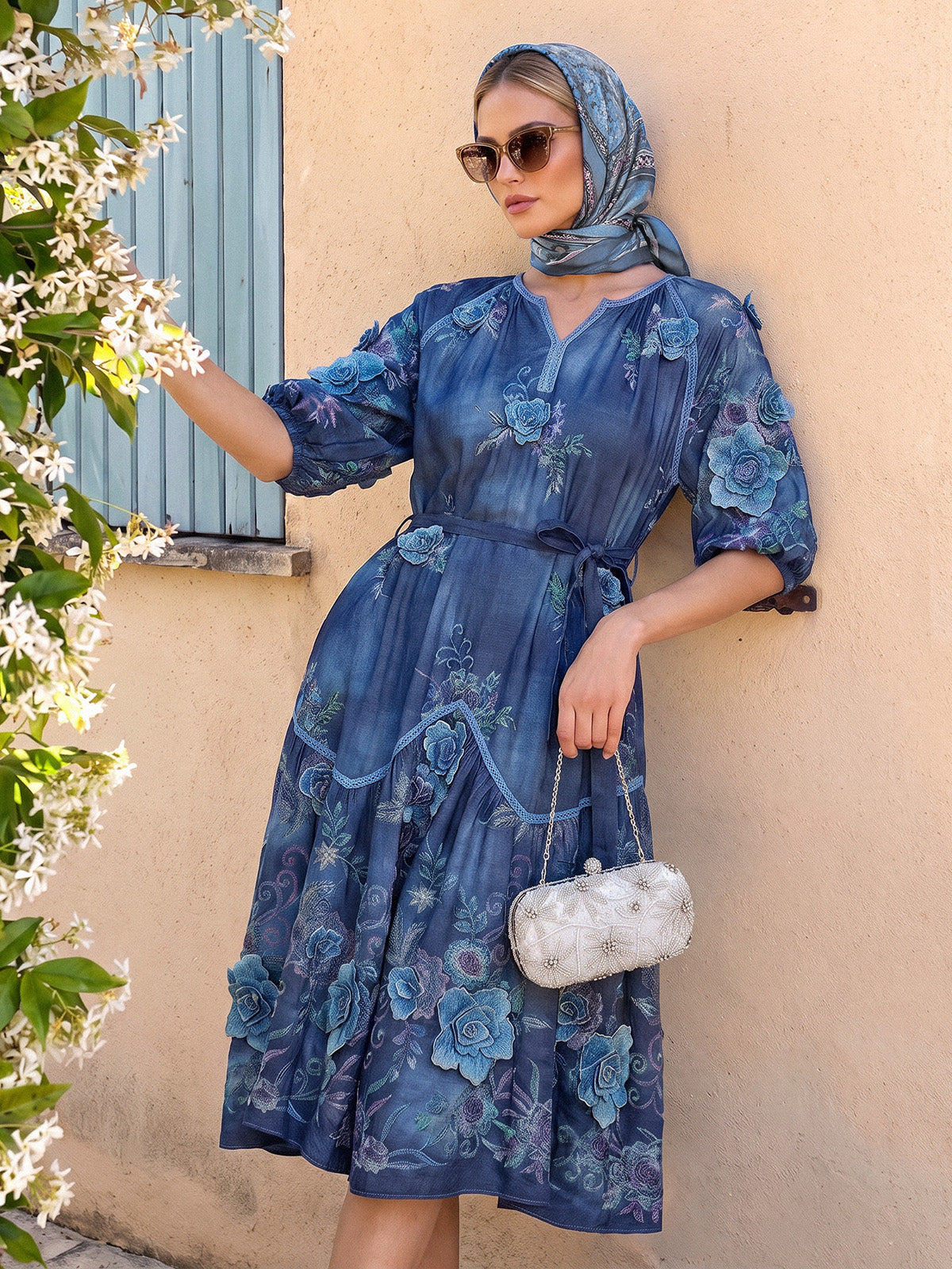3D Hand-Embroidered Floral Dyed Dress
