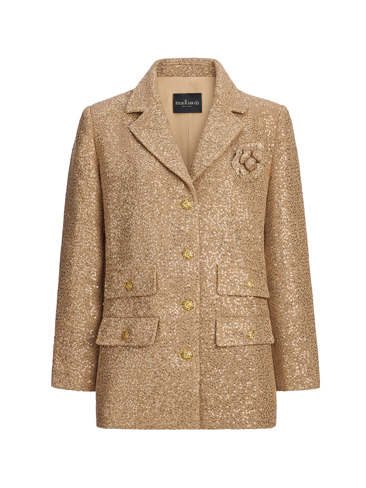Final Sale | Gold Sequined Camellia Brooch Jacket
