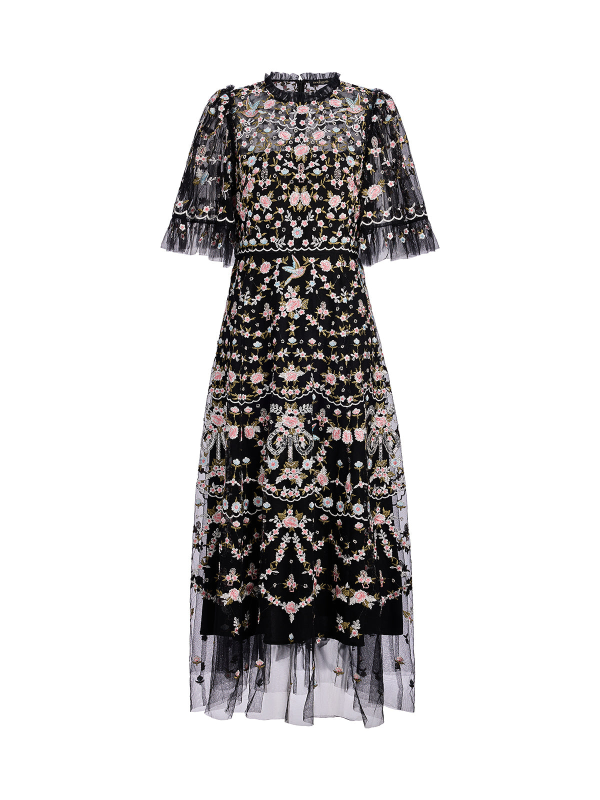 Embroidered Floral Ruffled Tulle Dress