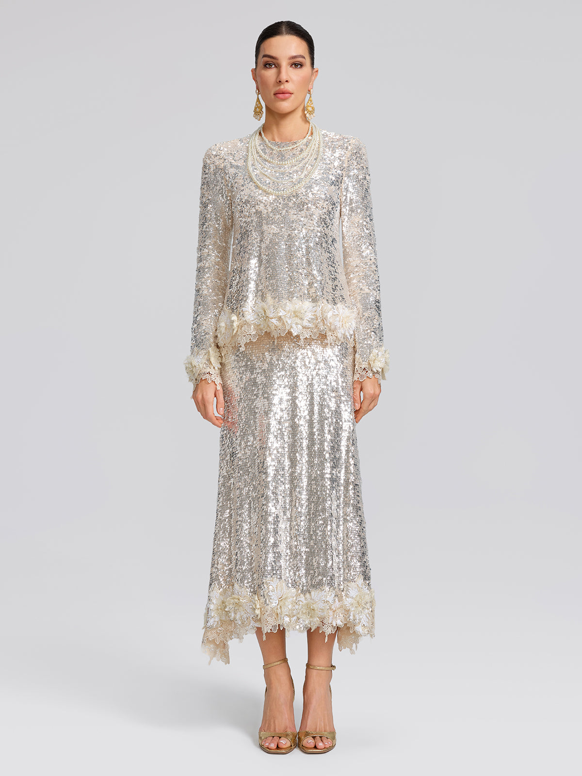 Sequin Hand-Cut Floral Lace Trim Top