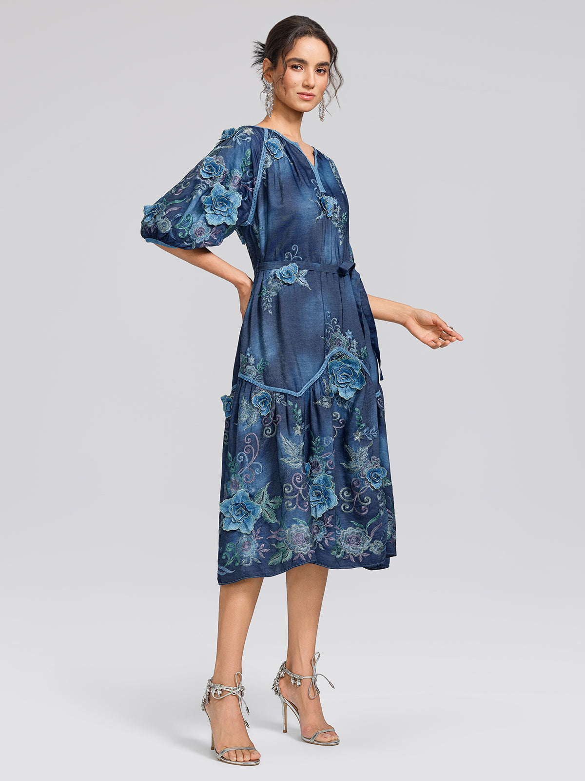 3D Hand-Embroidered Floral Dyed Dress