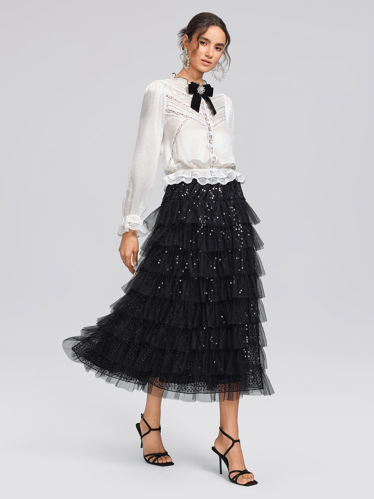 Pearl Satin Lace Panel Bow Shirt