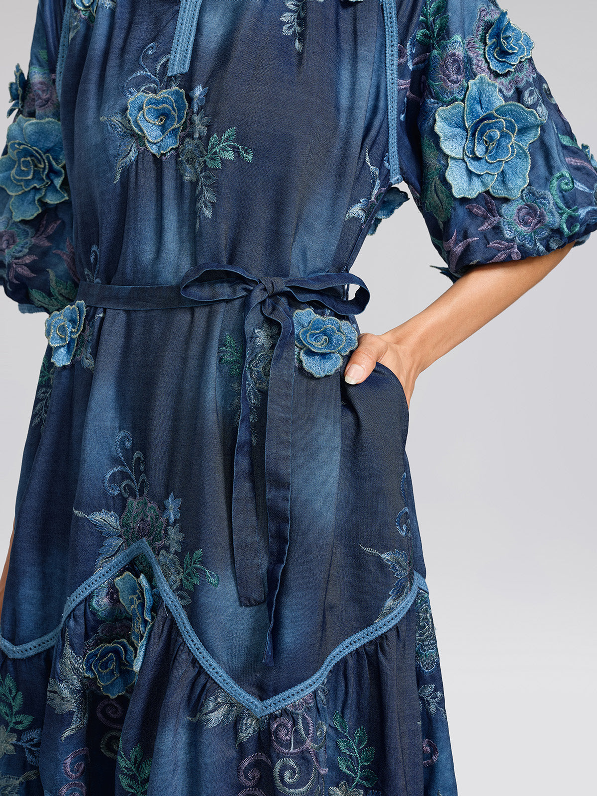 3D Hand-Embroidered Floral Dyed Dress