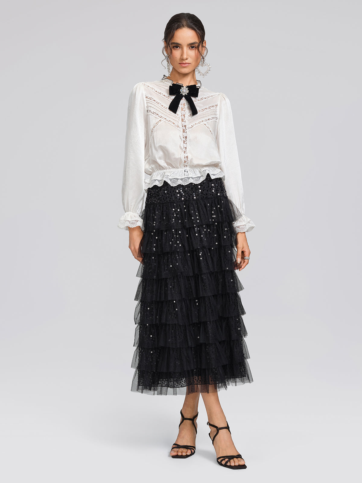 Pearl Satin Lace Panel Bow Shirt