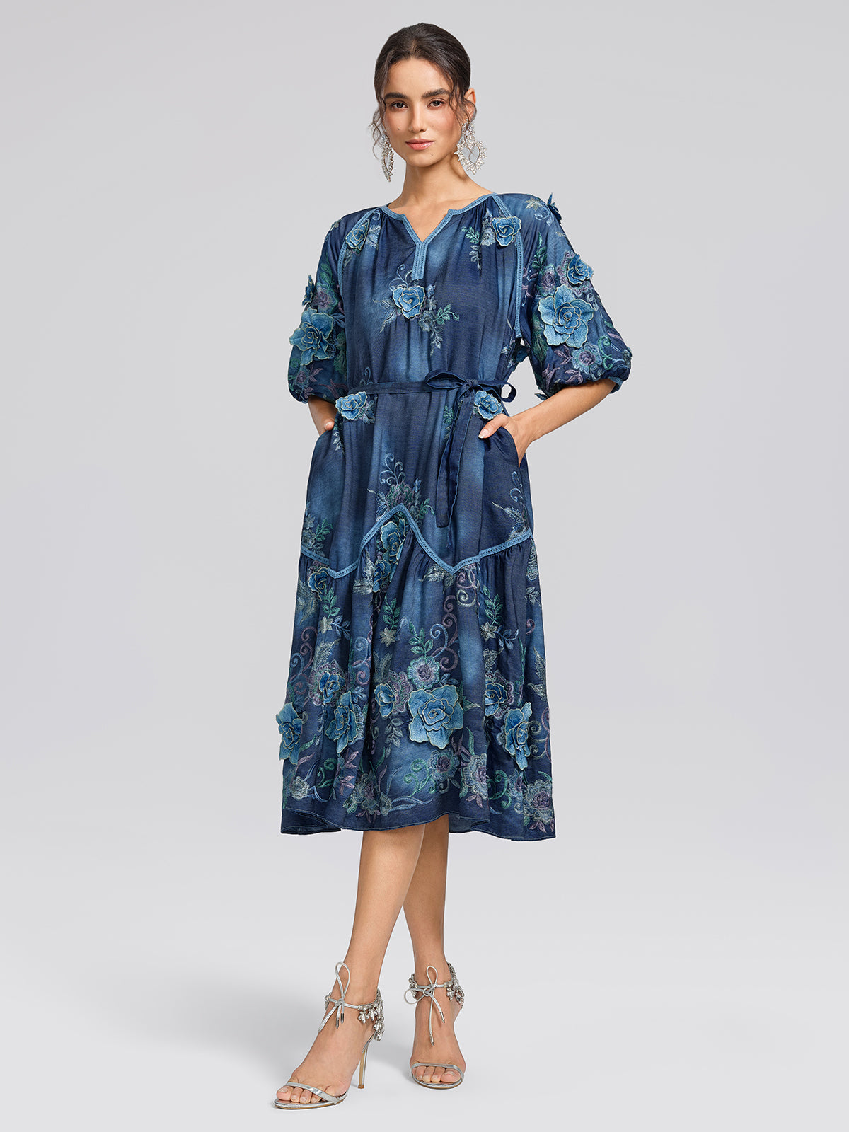 3D Hand-Embroidered Floral Dyed Dress