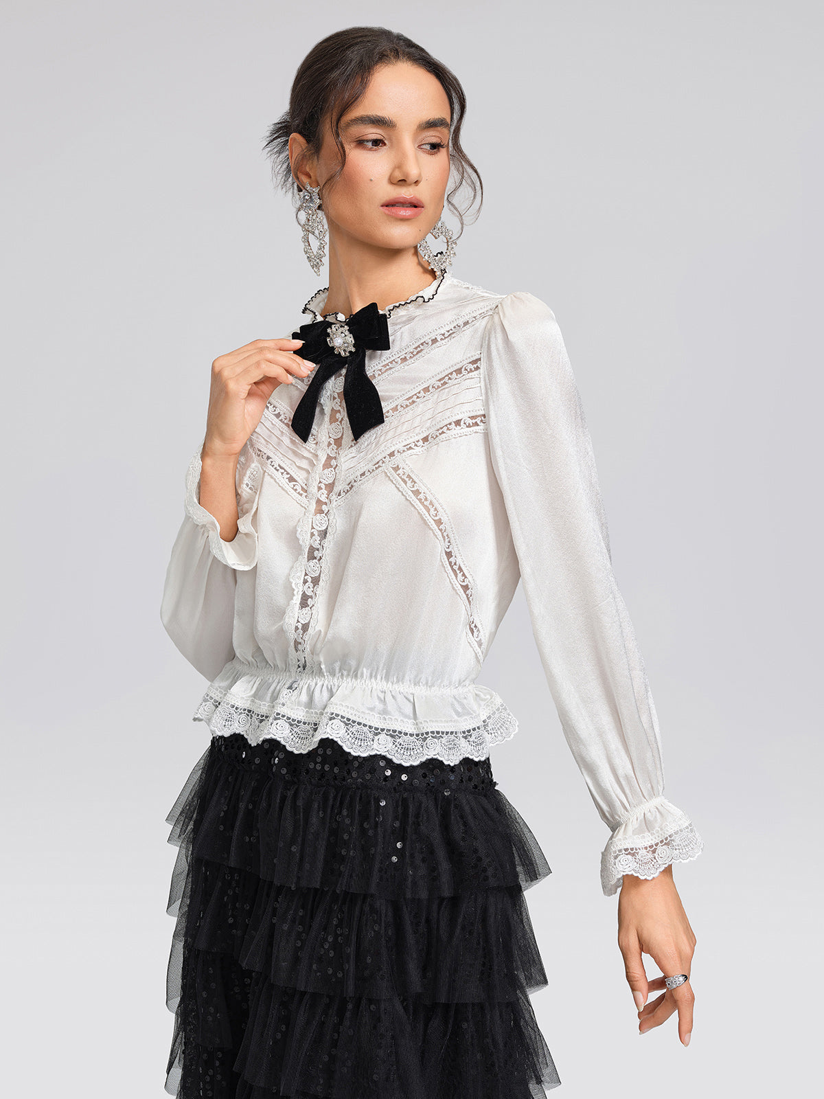 Pearl Satin Lace Panel Bow Shirt
