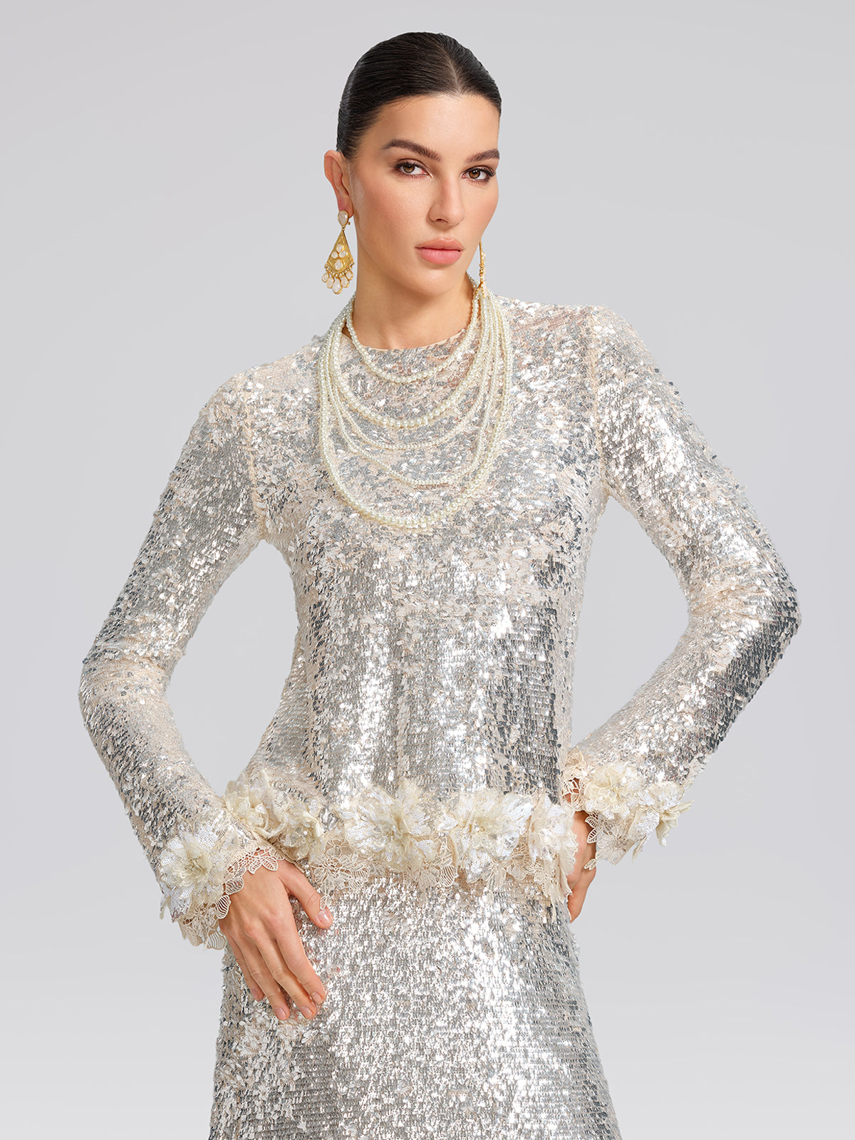 Sequin Hand-Cut Floral Lace Trim Top