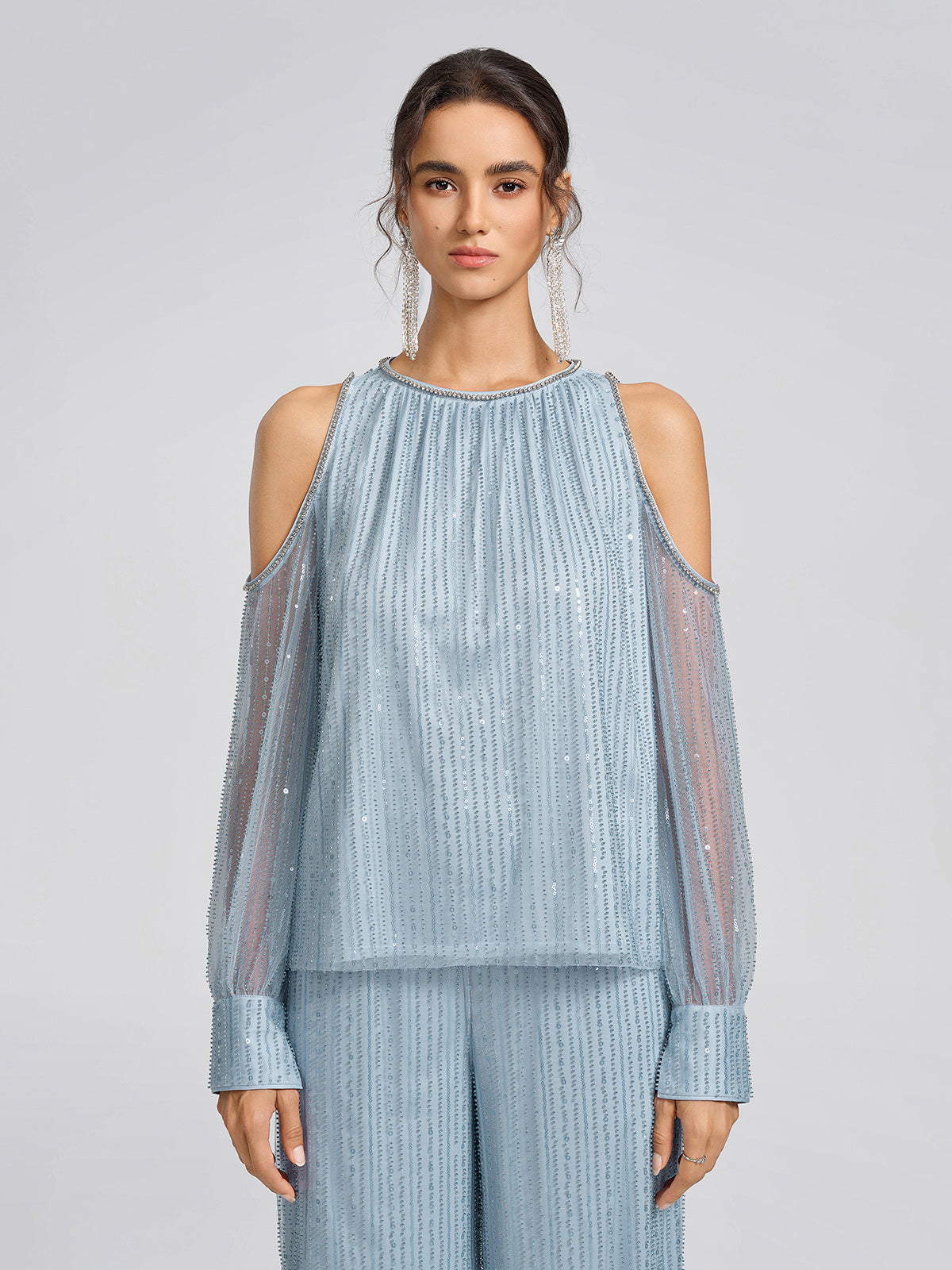 Beaded Mesh Cold Shoulder Blouse