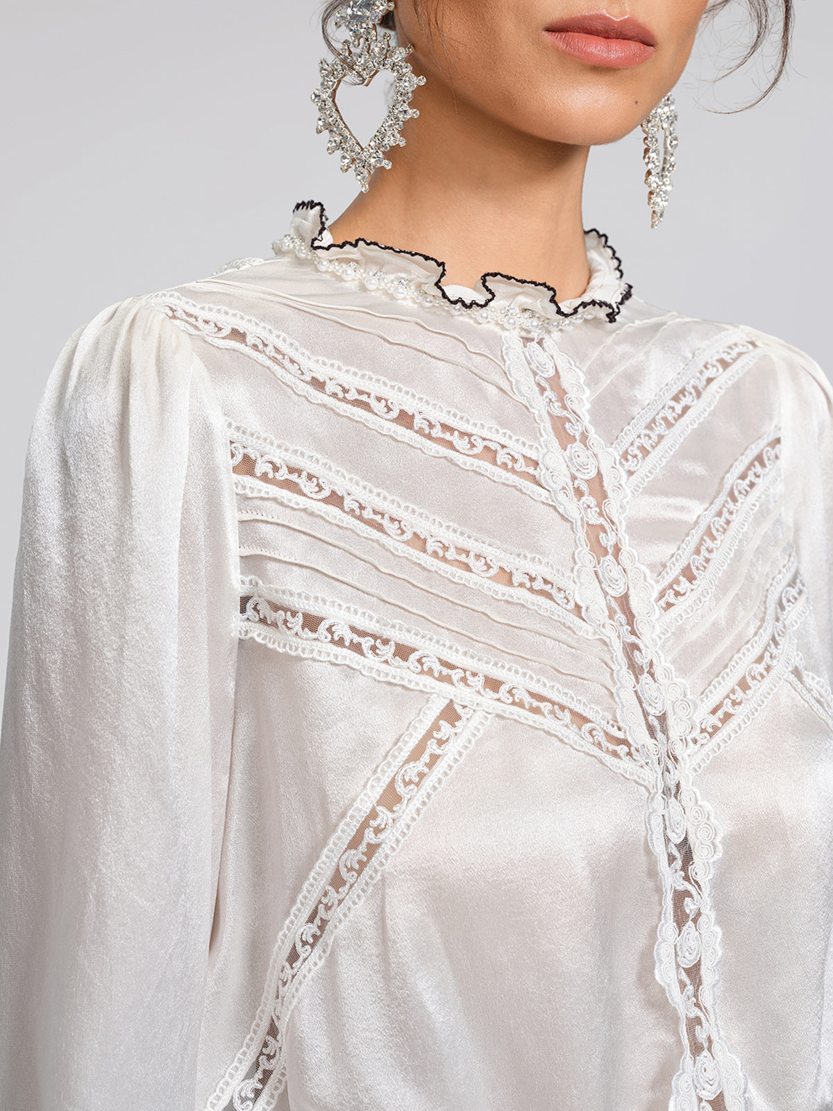 Pearl Satin Lace Panel Bow Shirt