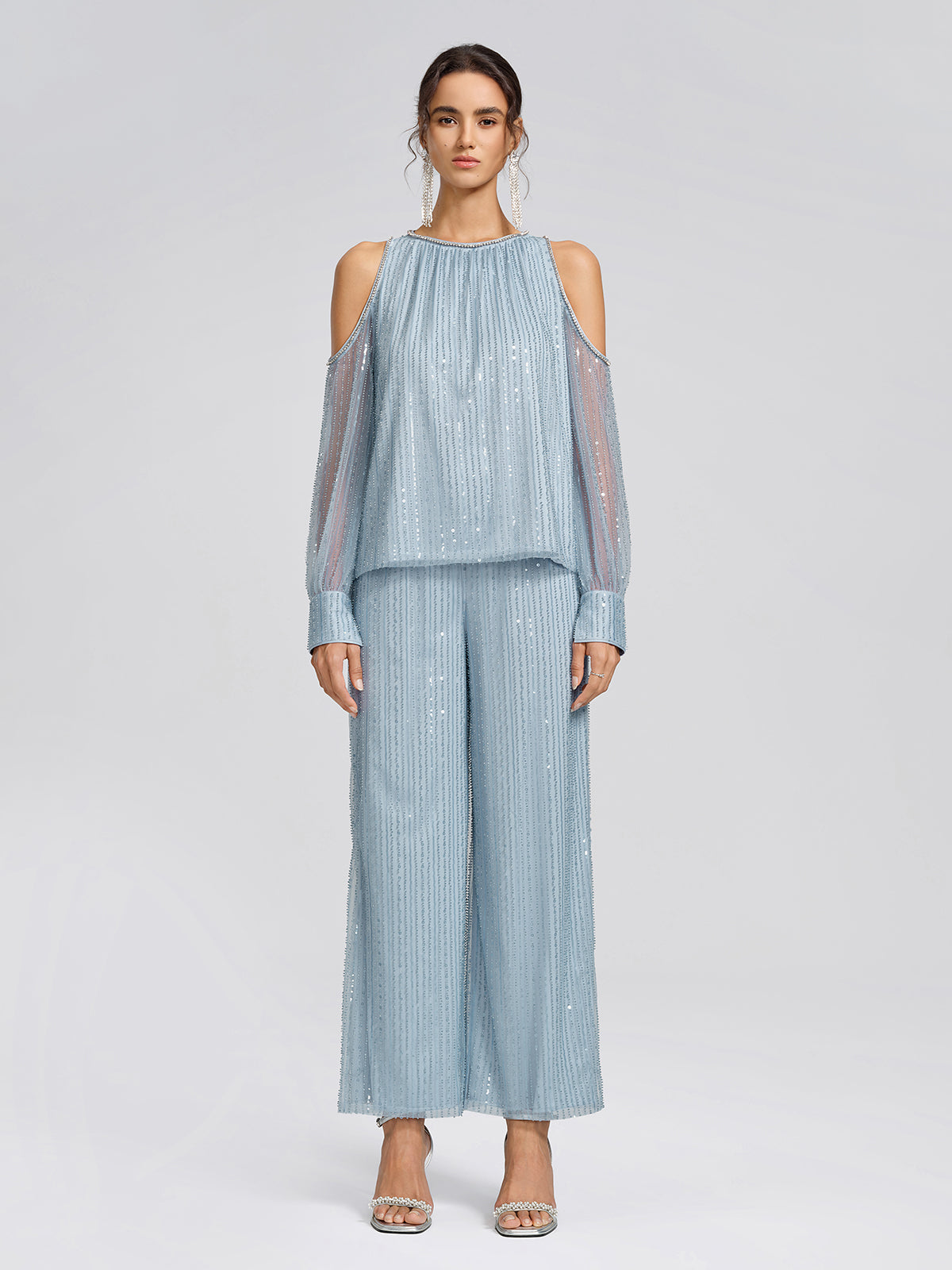Beaded Mesh Cold Shoulder Blouse