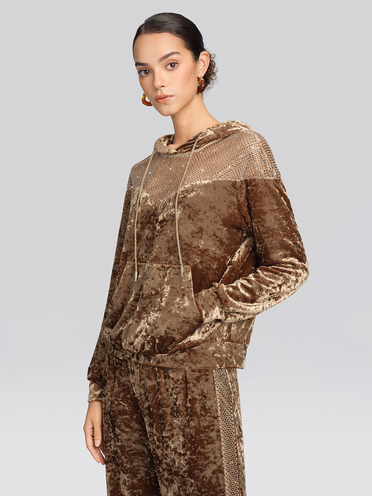 Velvet Rhinestone Mesh Hoodie Set