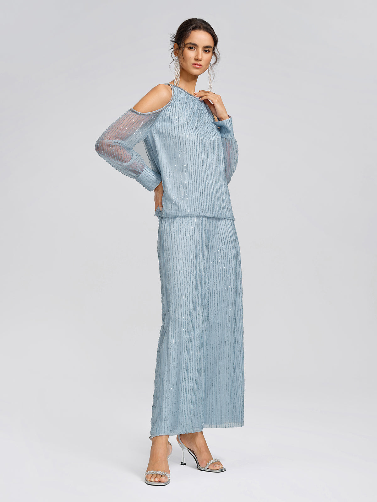 Beaded Mesh Cold Shoulder Blouse