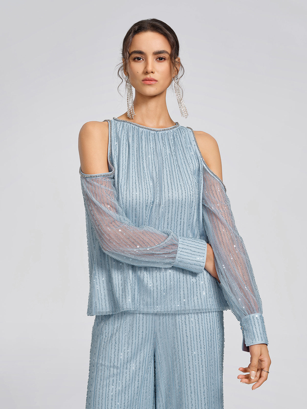 Beaded Mesh Cold Shoulder Blouse