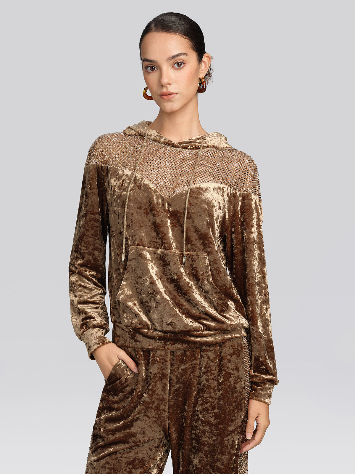 Velvet Rhinestone Mesh Hoodie Set