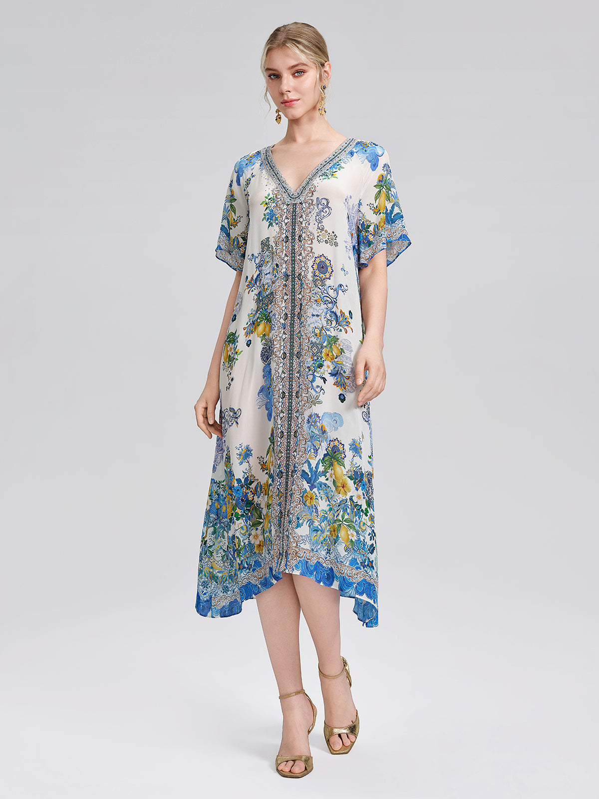 100% Silk Allover Print Rhinestone Dress (Waist Tie Included)