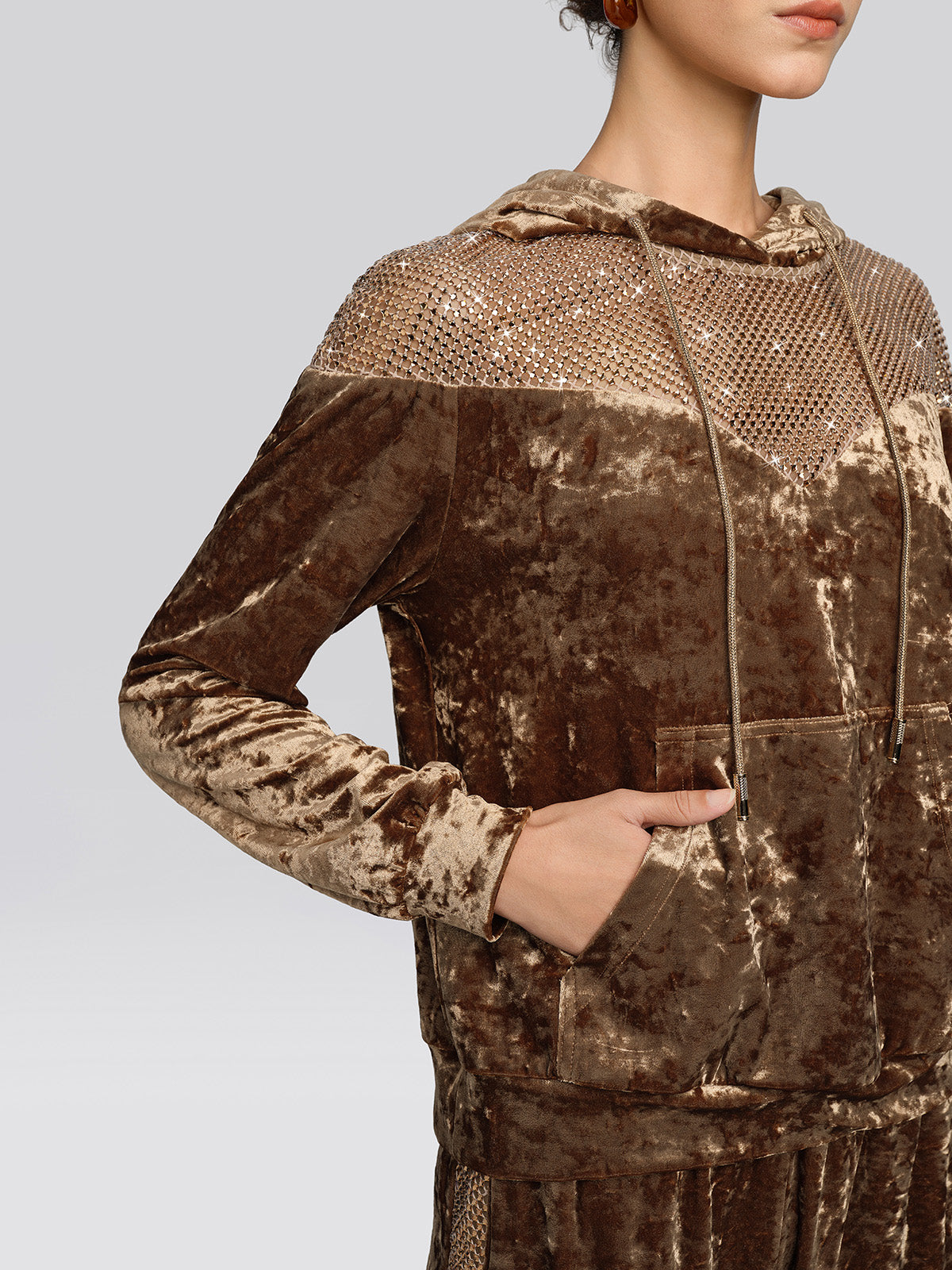 Velvet Rhinestone Mesh Hoodie Set