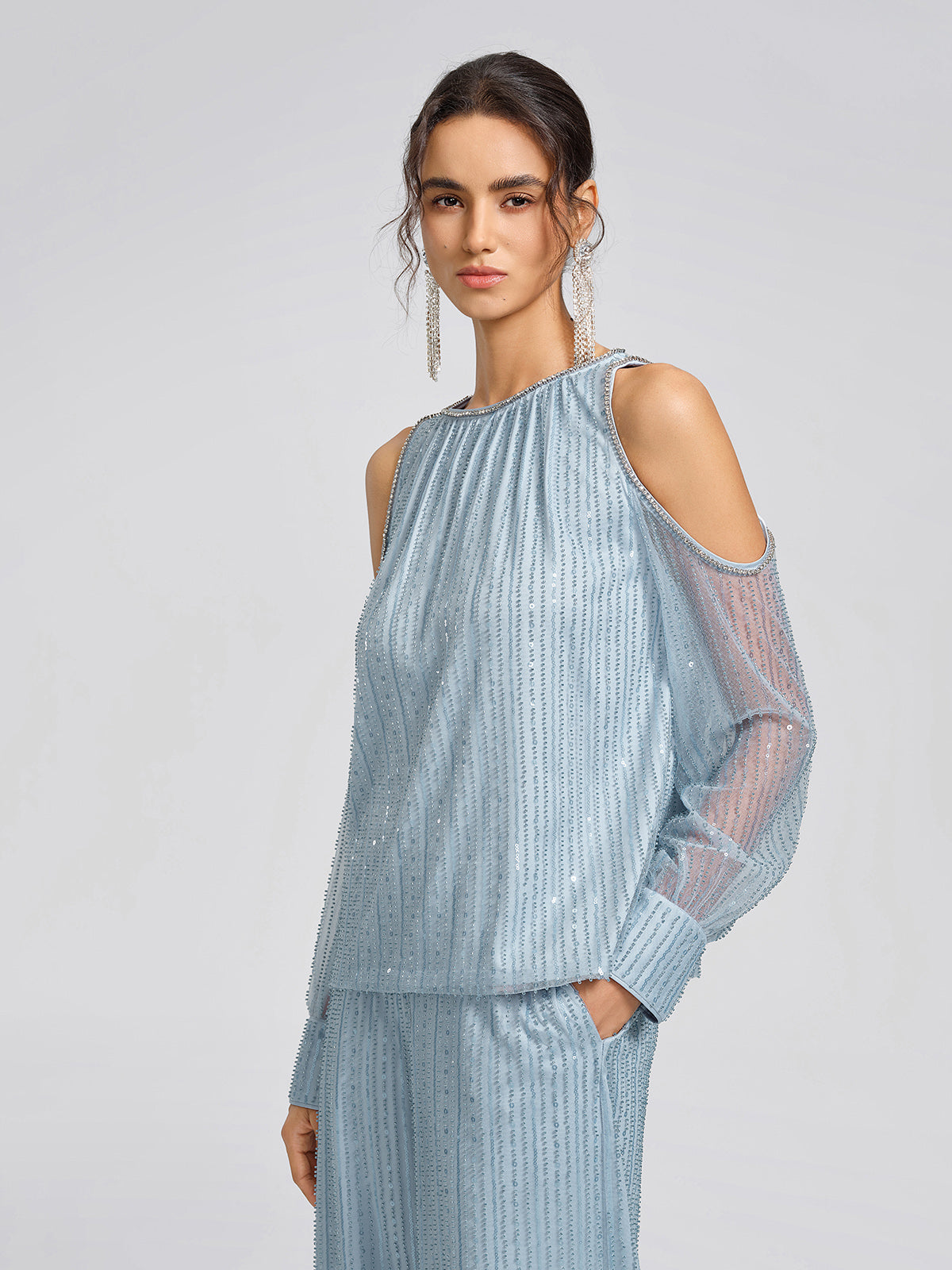 Beaded Mesh Cold Shoulder Blouse