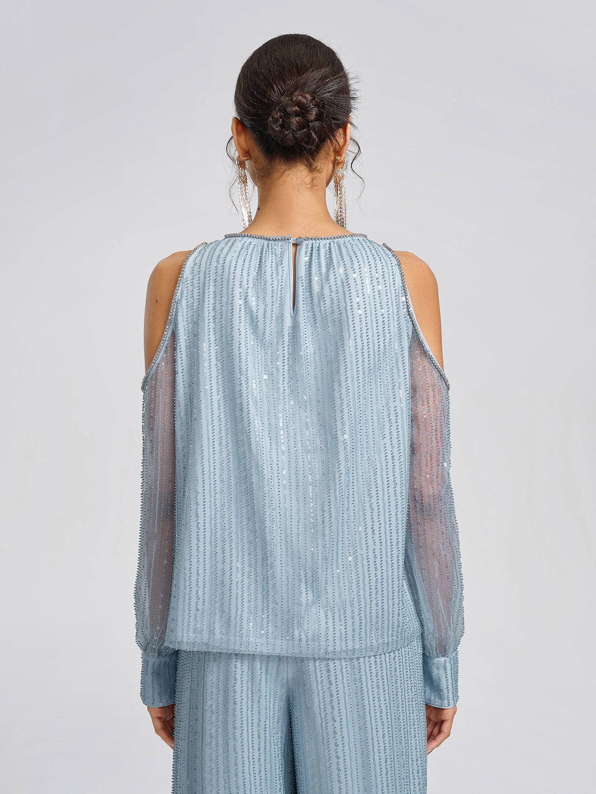 Beaded Mesh Cold Shoulder Blouse