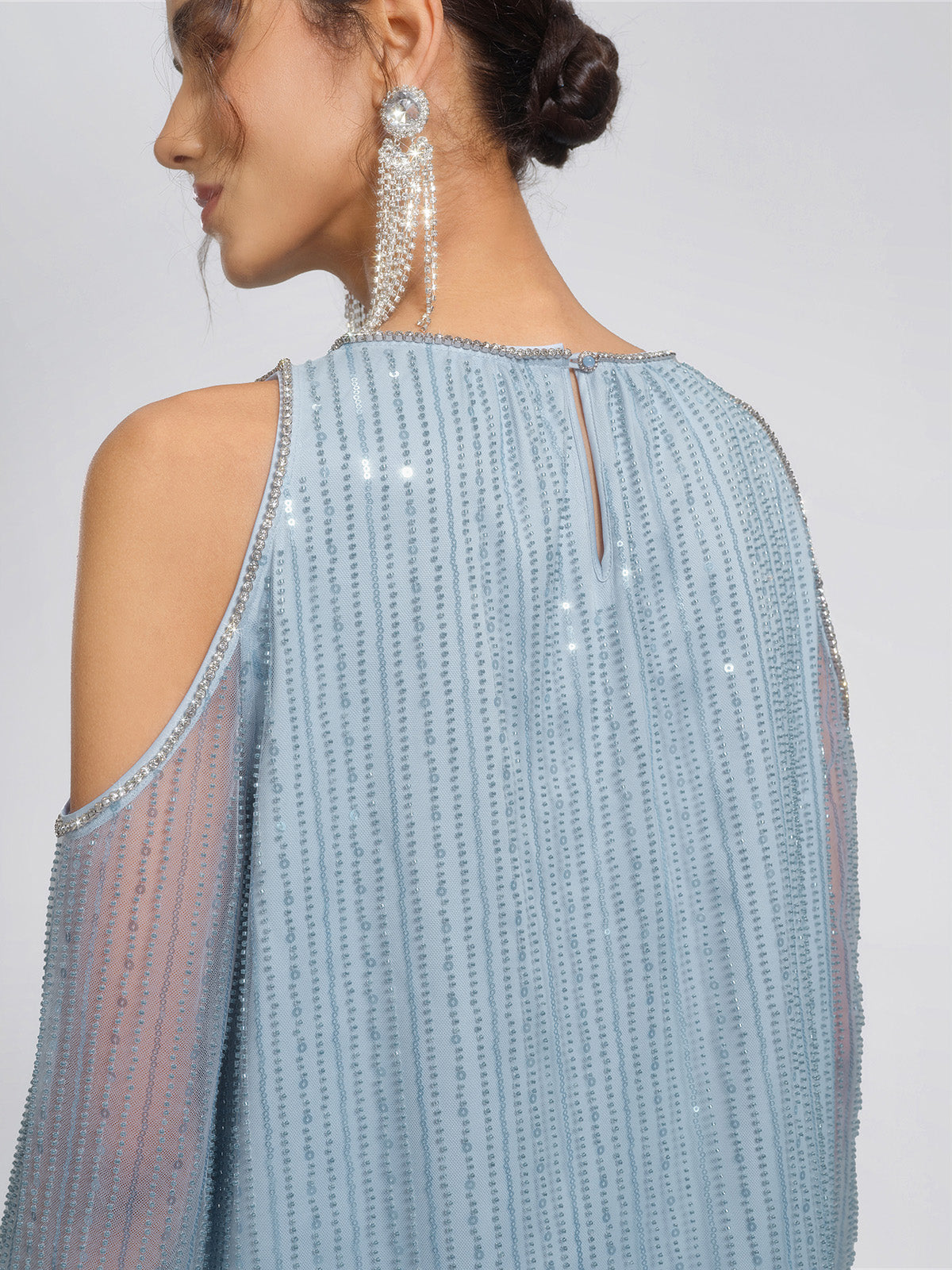 Beaded Mesh Cold Shoulder Blouse
