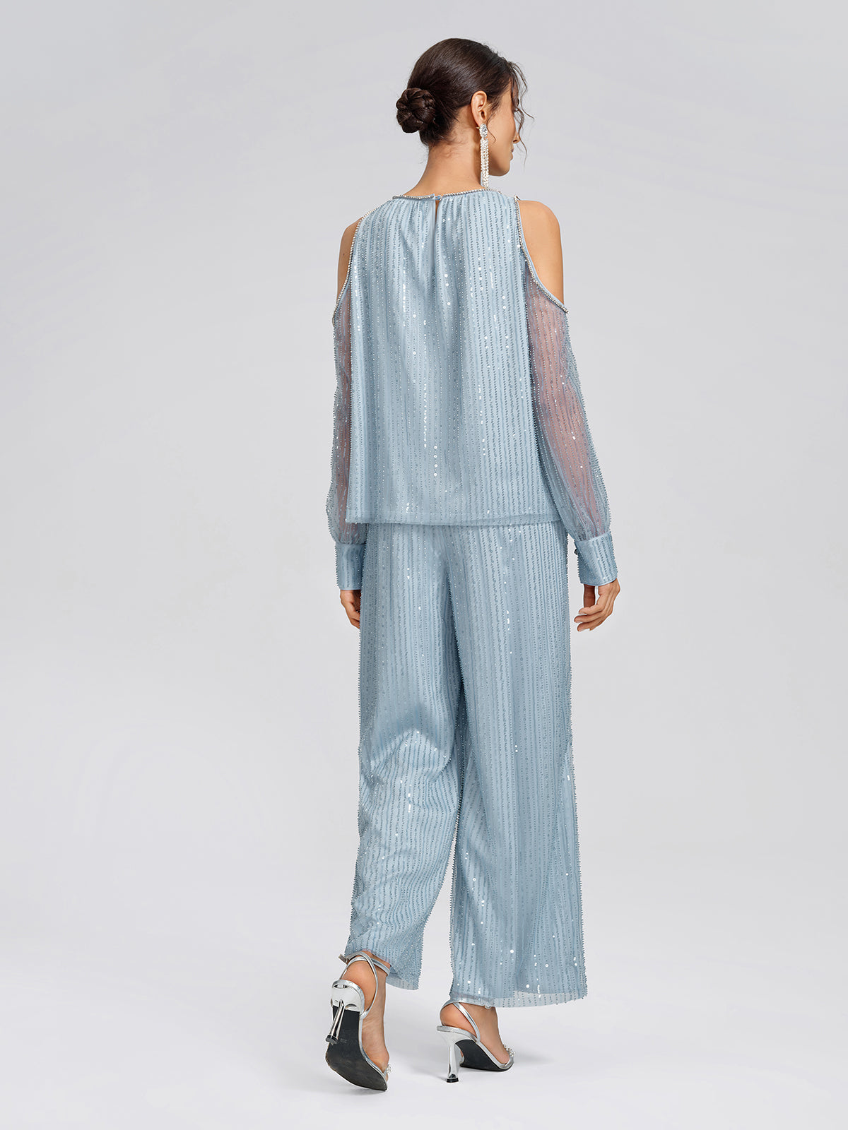 Beaded Mesh Cold Shoulder Blouse
