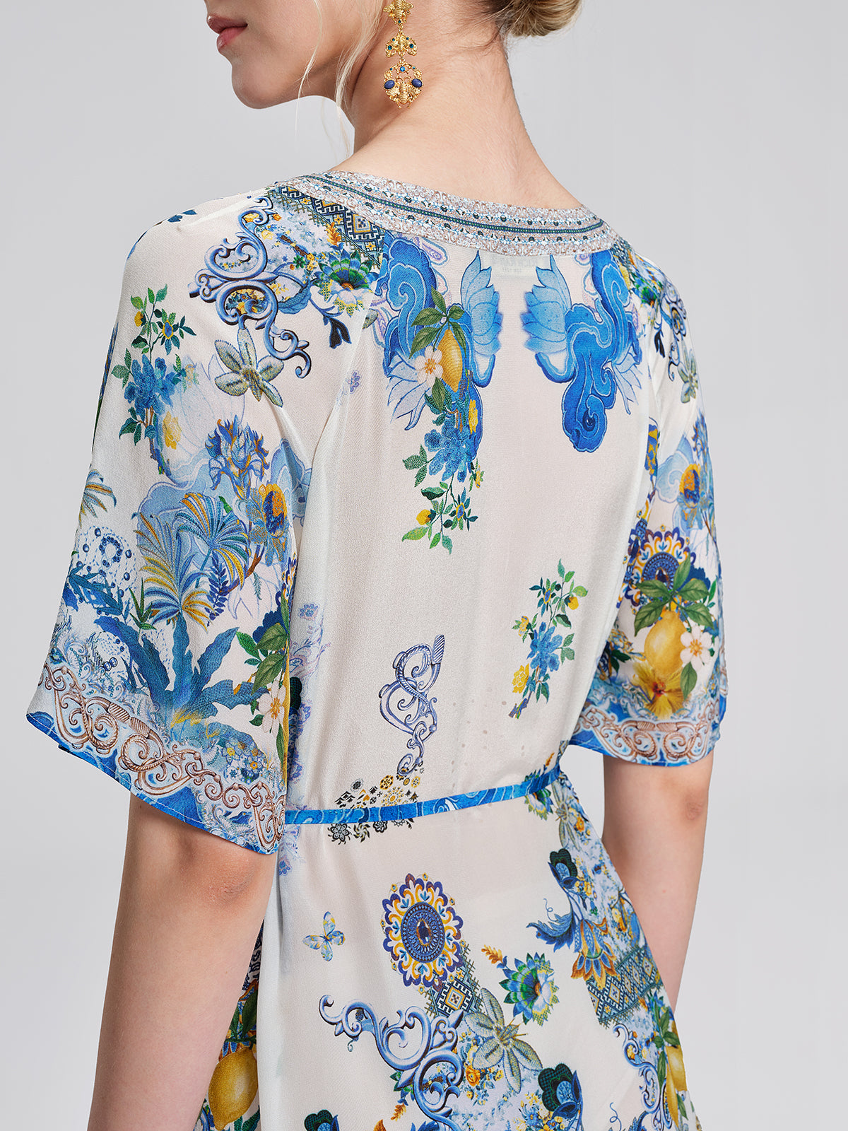 100% Silk Allover Print Rhinestone Dress (Waist Tie Included)