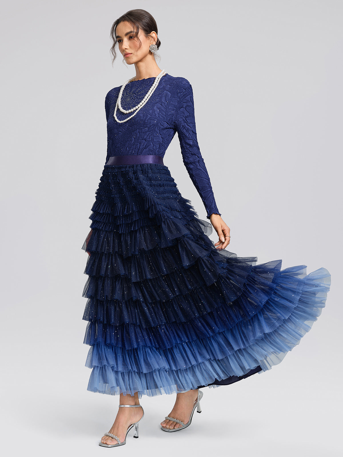 Pleated Floral Embossed Rhinestone Blouse