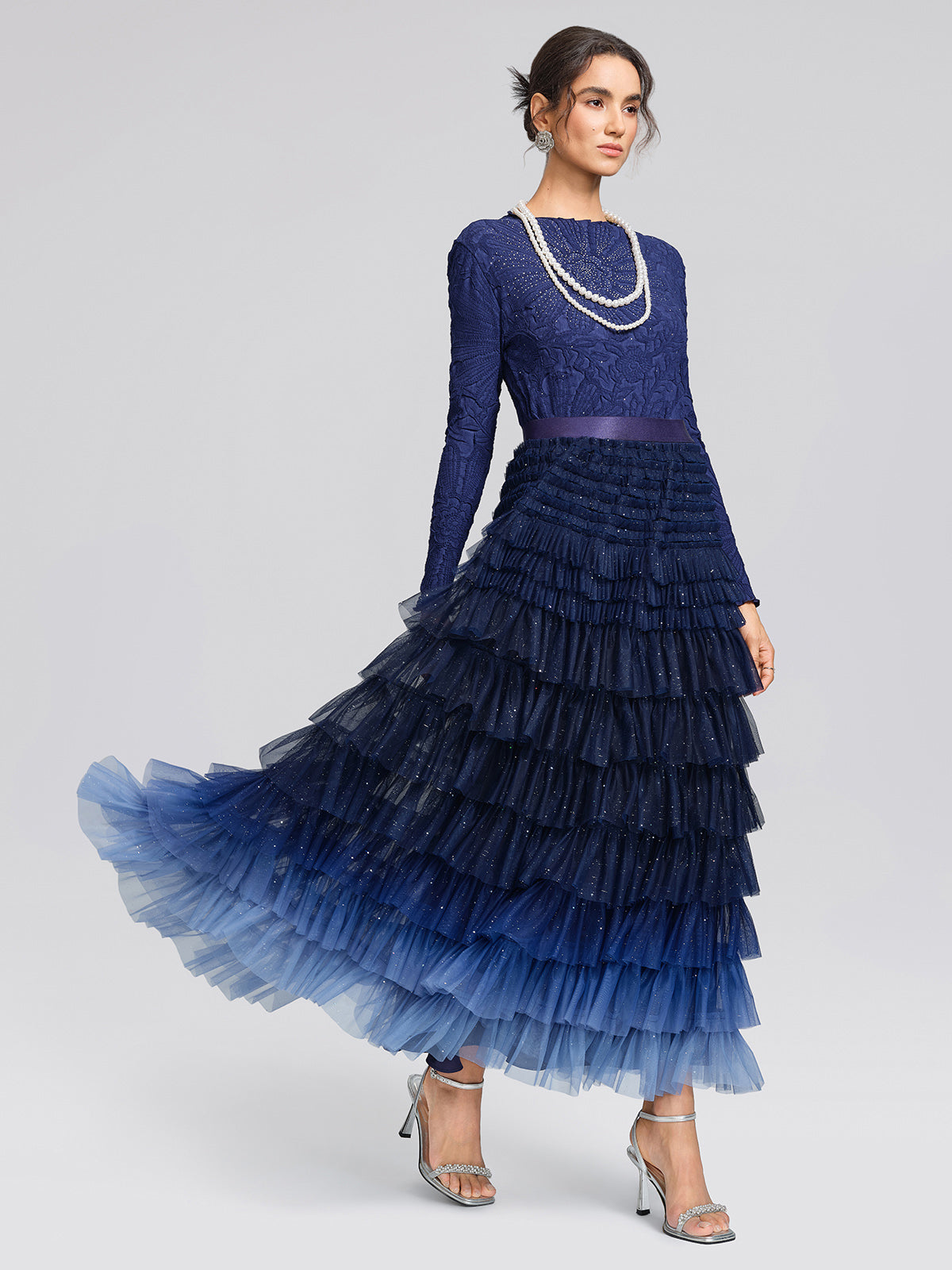 Sequin Mesh Pleated Gradient Skirt