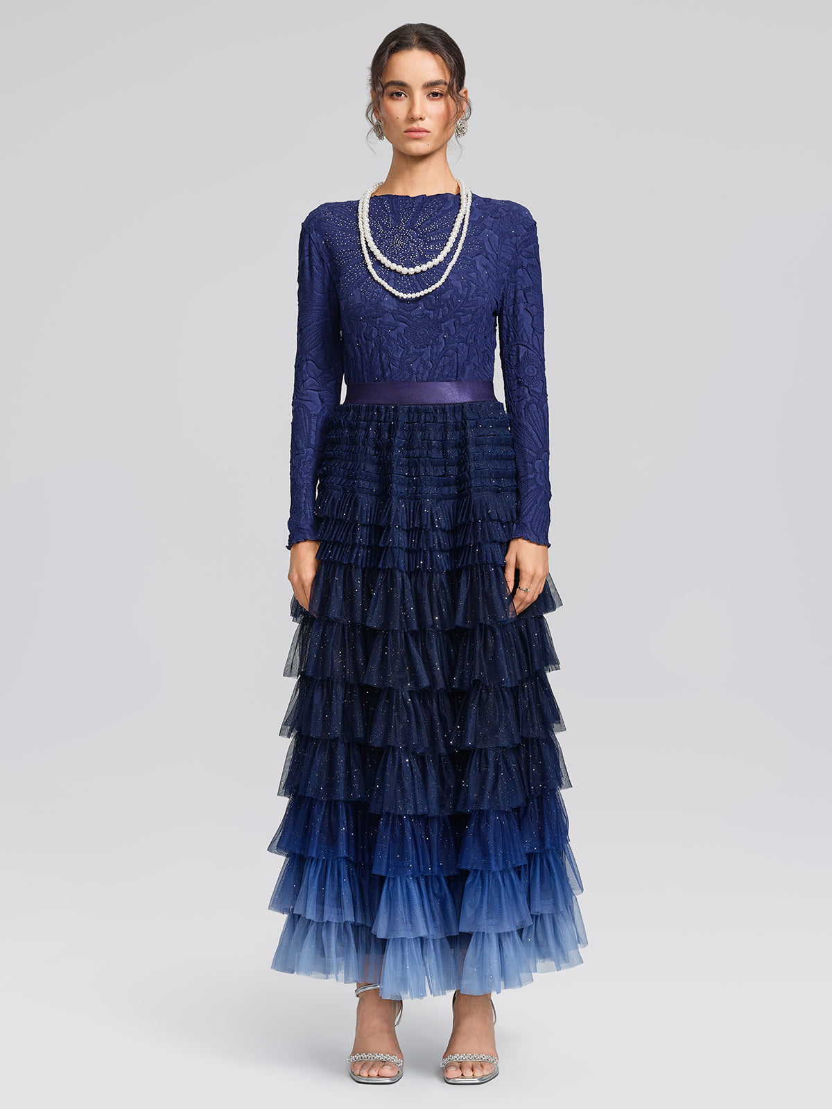 Pleated Floral Embossed Rhinestone Blouse