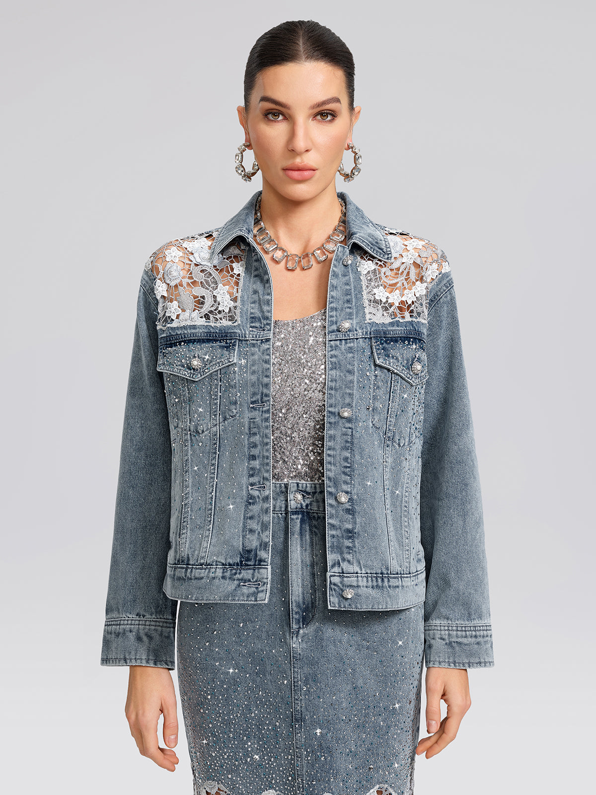 Rhinestone Lace-Panel Denim Jacket