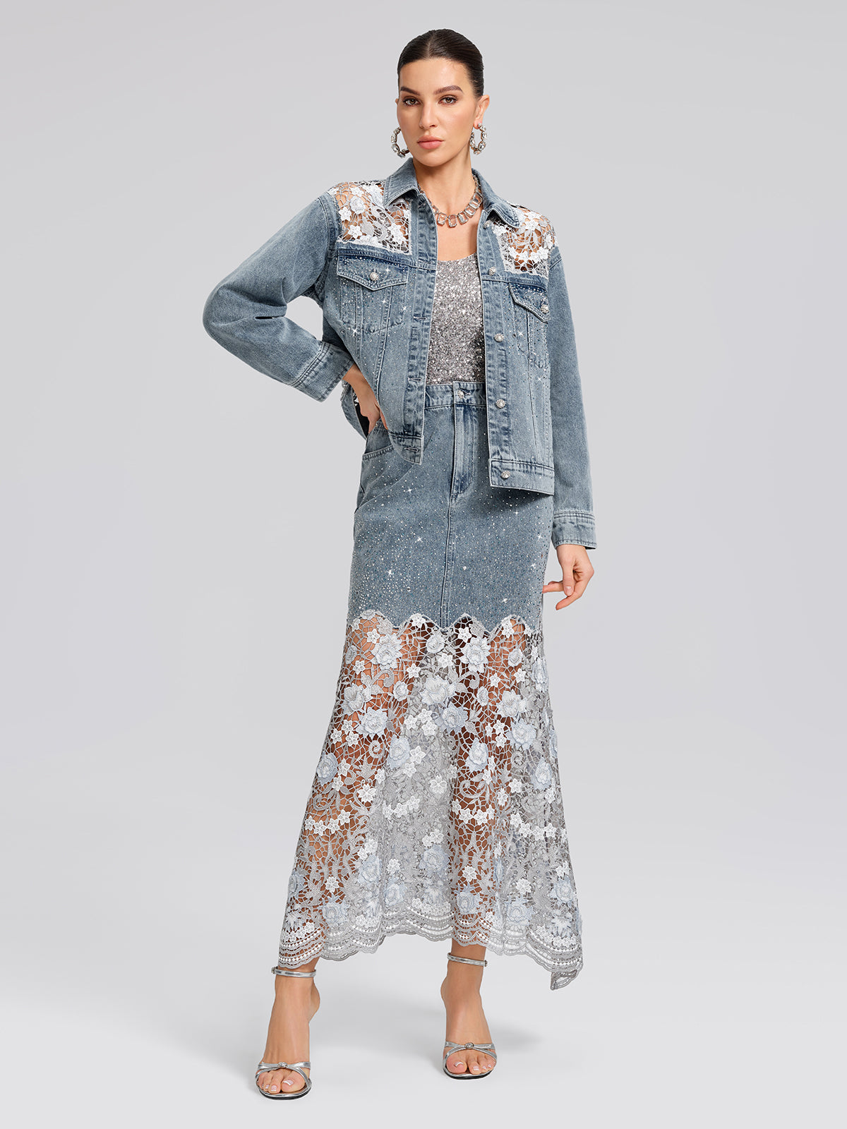 Rhinestone Lace-Panel Denim Jacket