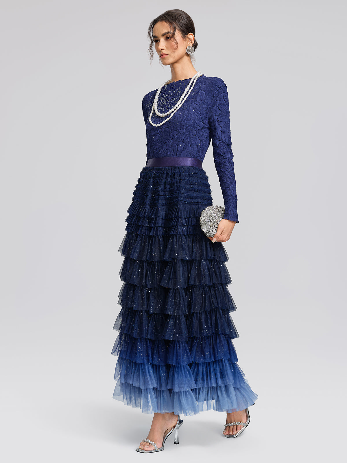 Pleated Floral Embossed Rhinestone Blouse