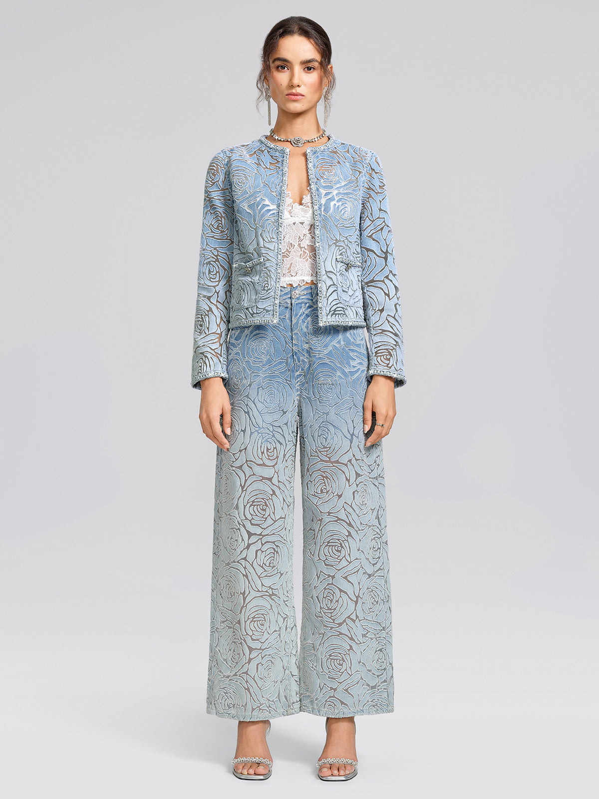Denim Burnout 3D Rose Trim Jacket