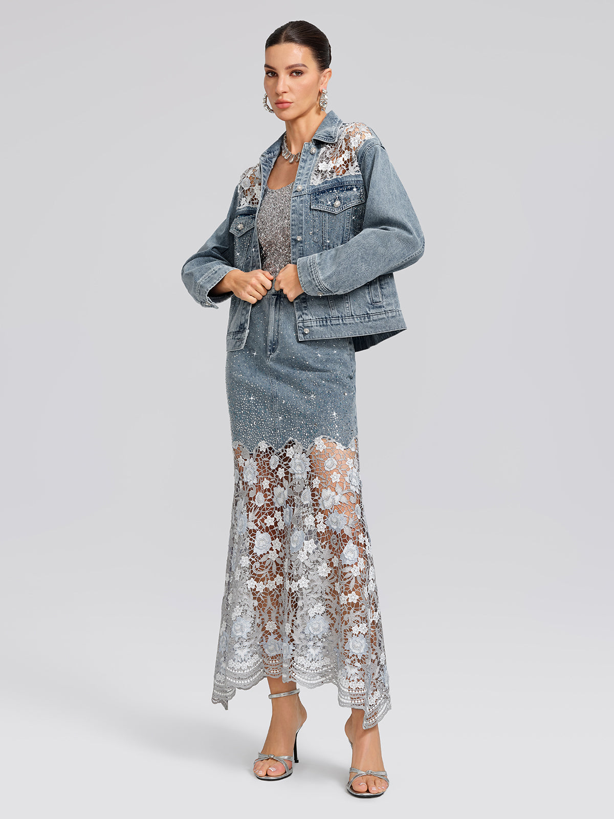 Rhinestone Lace-Panel Denim Jacket