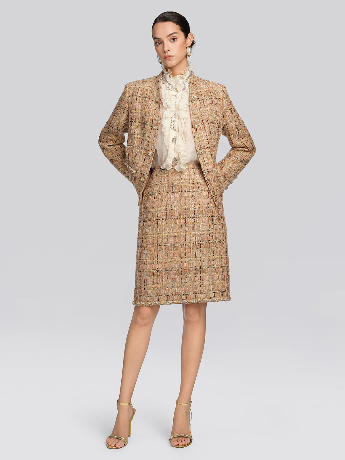 Textured Tweed Lace Trim Button Jacket