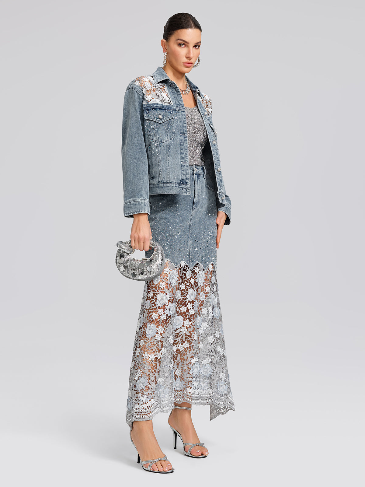 Rhinestone Lace-Panel Denim Jacket