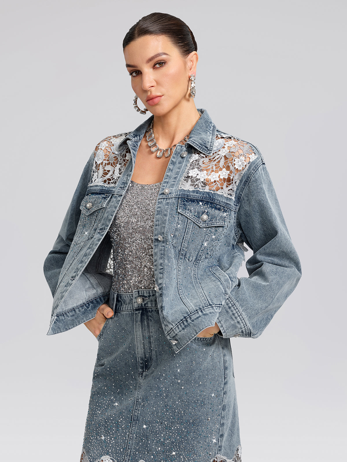 Rhinestone Lace-Panel Denim Jacket