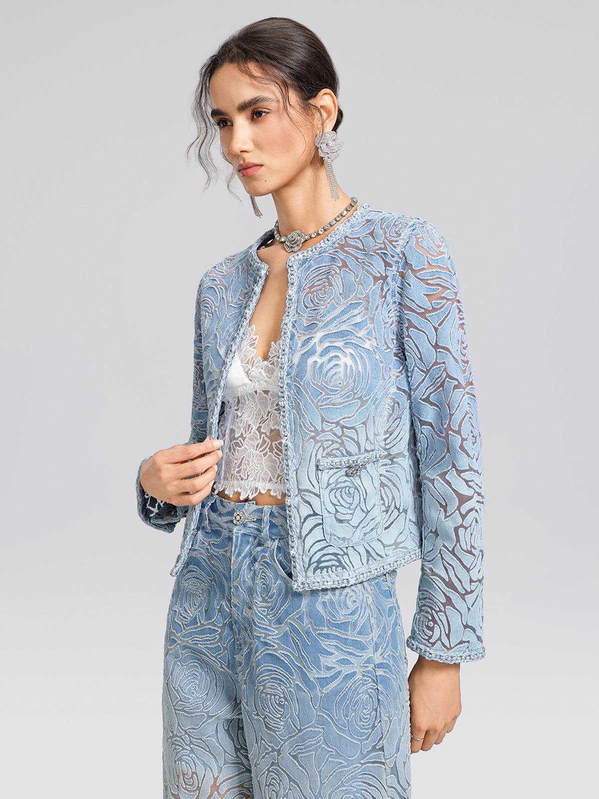Denim Burnout 3D Rose Trim Jacket