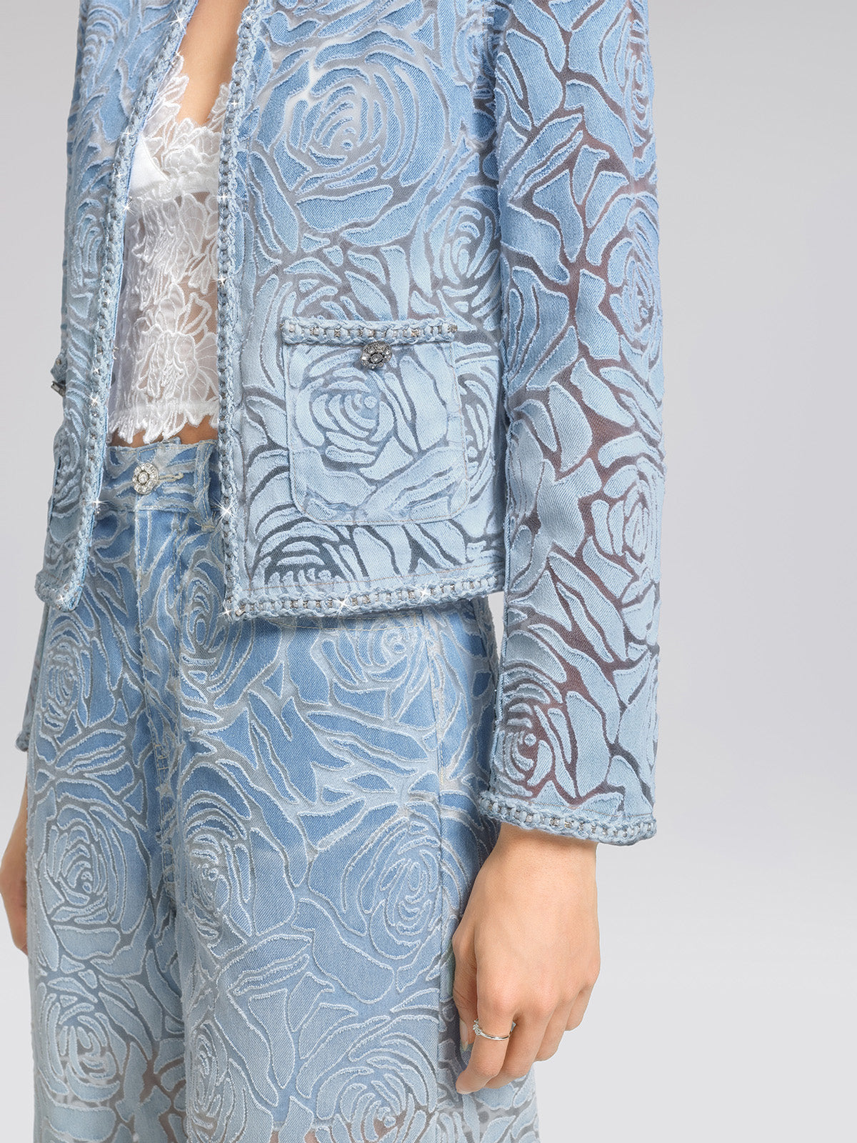 Denim Burnout 3D Rose Trim Jacket