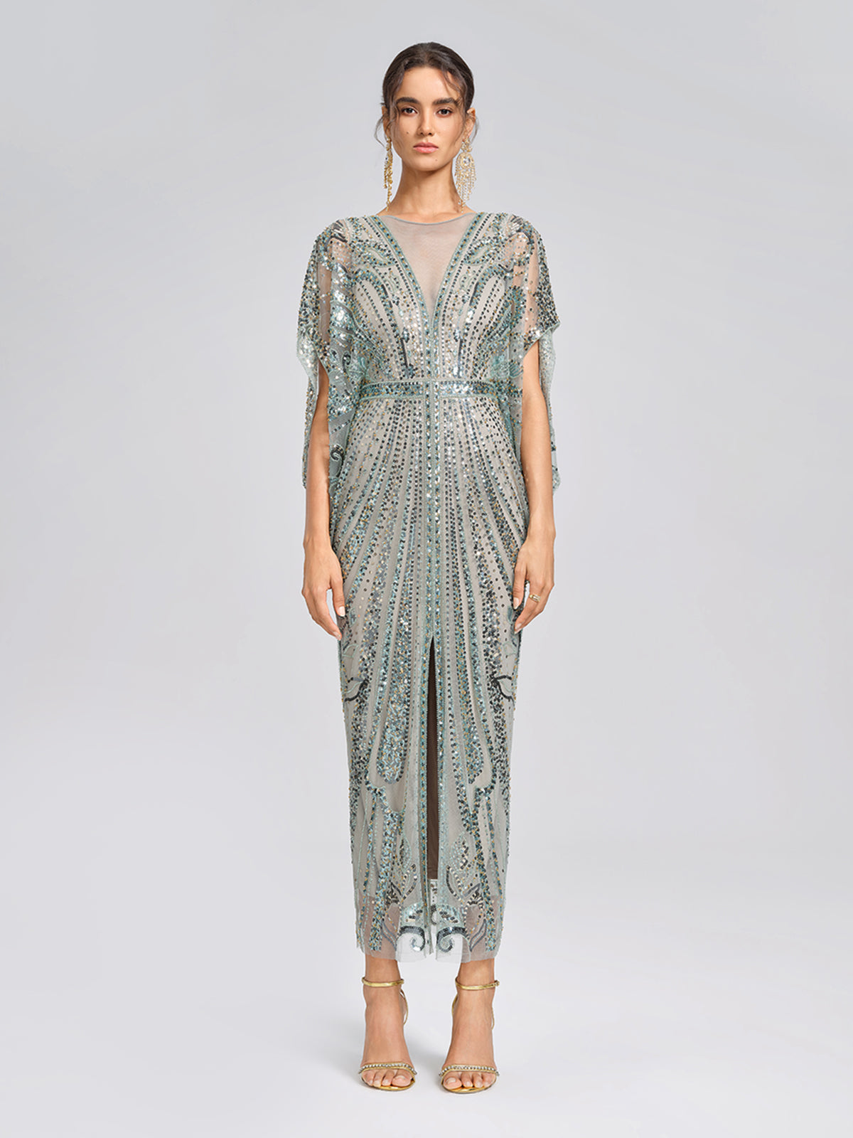 Beaded Sequin Mesh V-Neck Dress