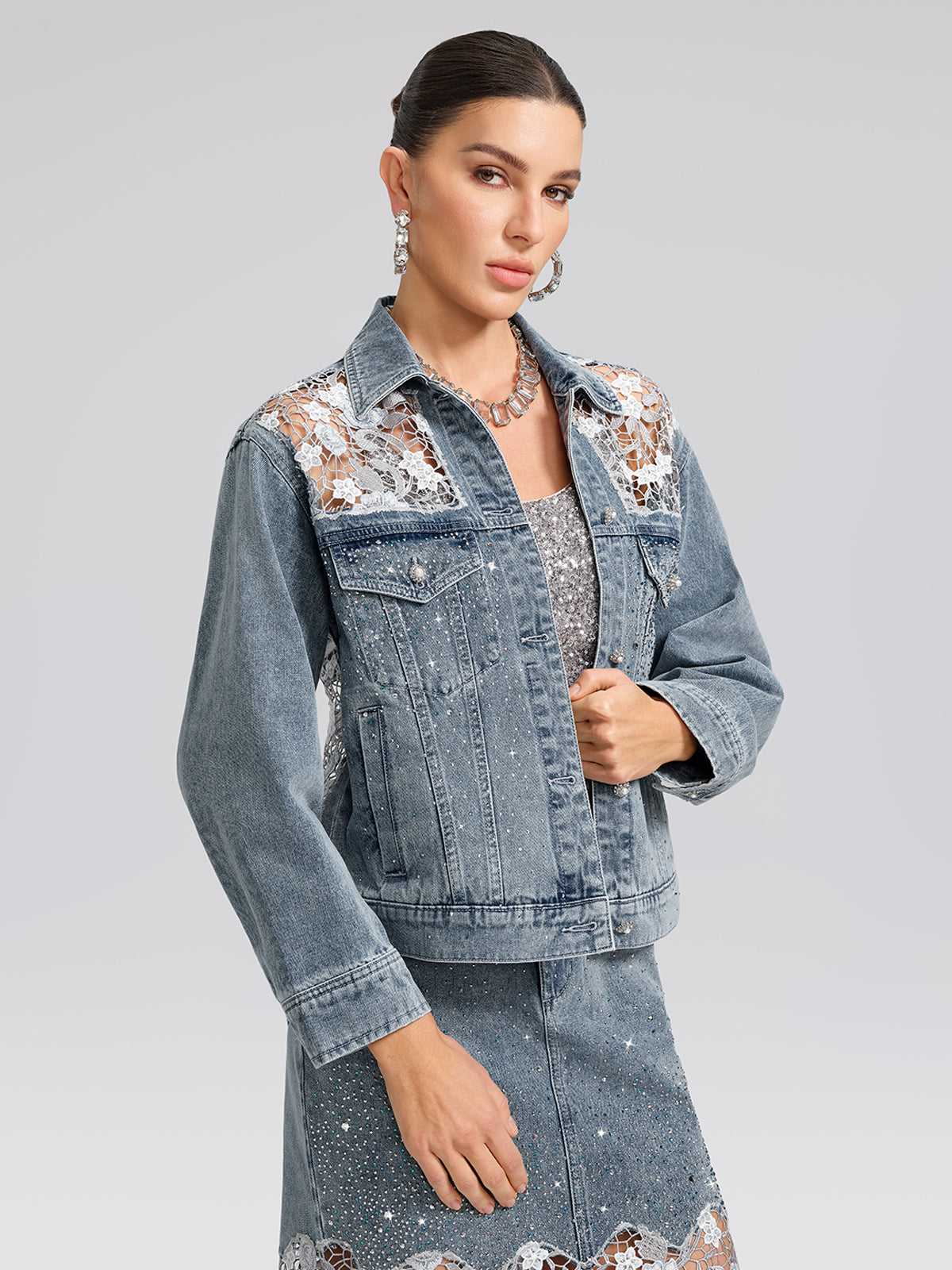 Rhinestone Lace-Panel Denim Jacket