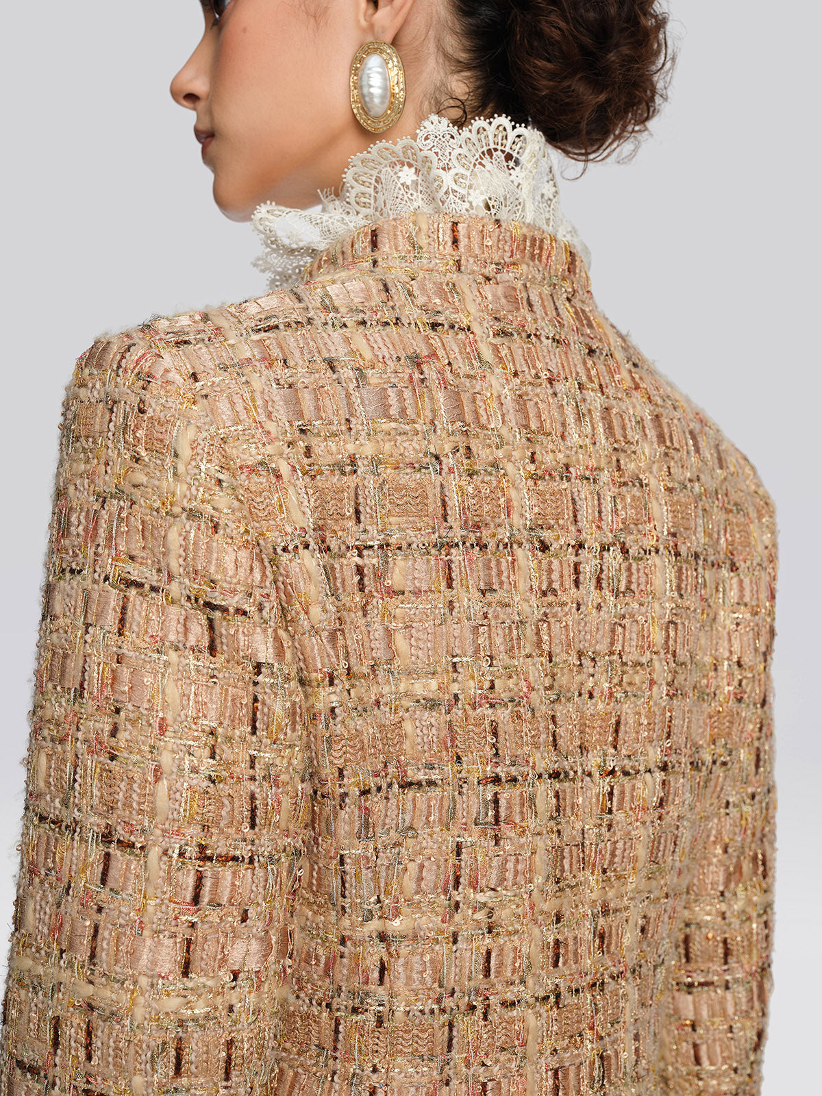 Textured Tweed Lace Trim Button Jacket