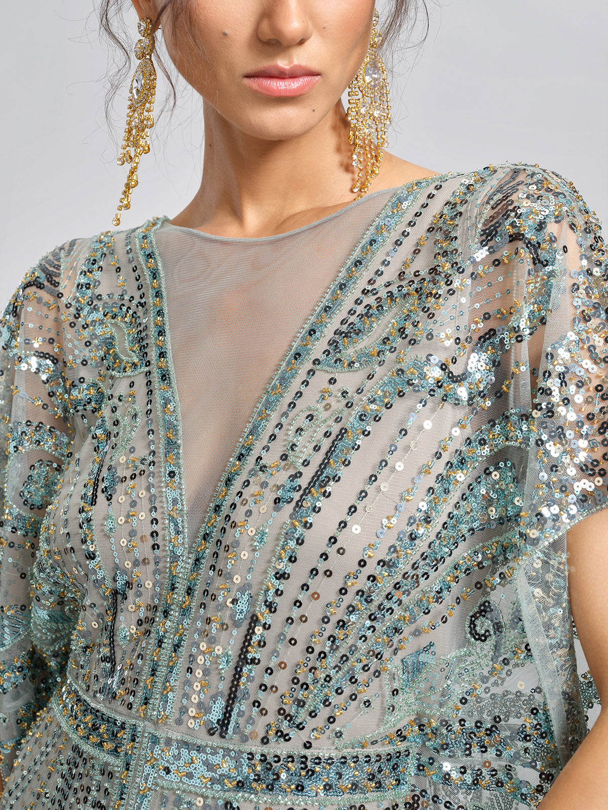 Beaded Sequin Mesh V-Neck Dress