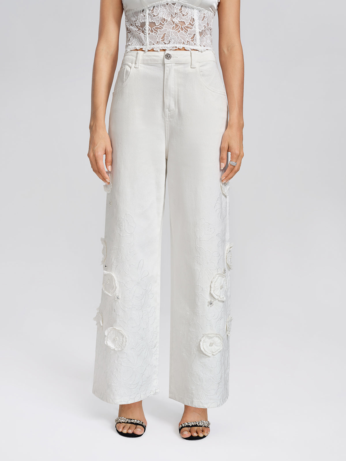 3D Floral Embroidered Beaded Wide-Leg Jeans