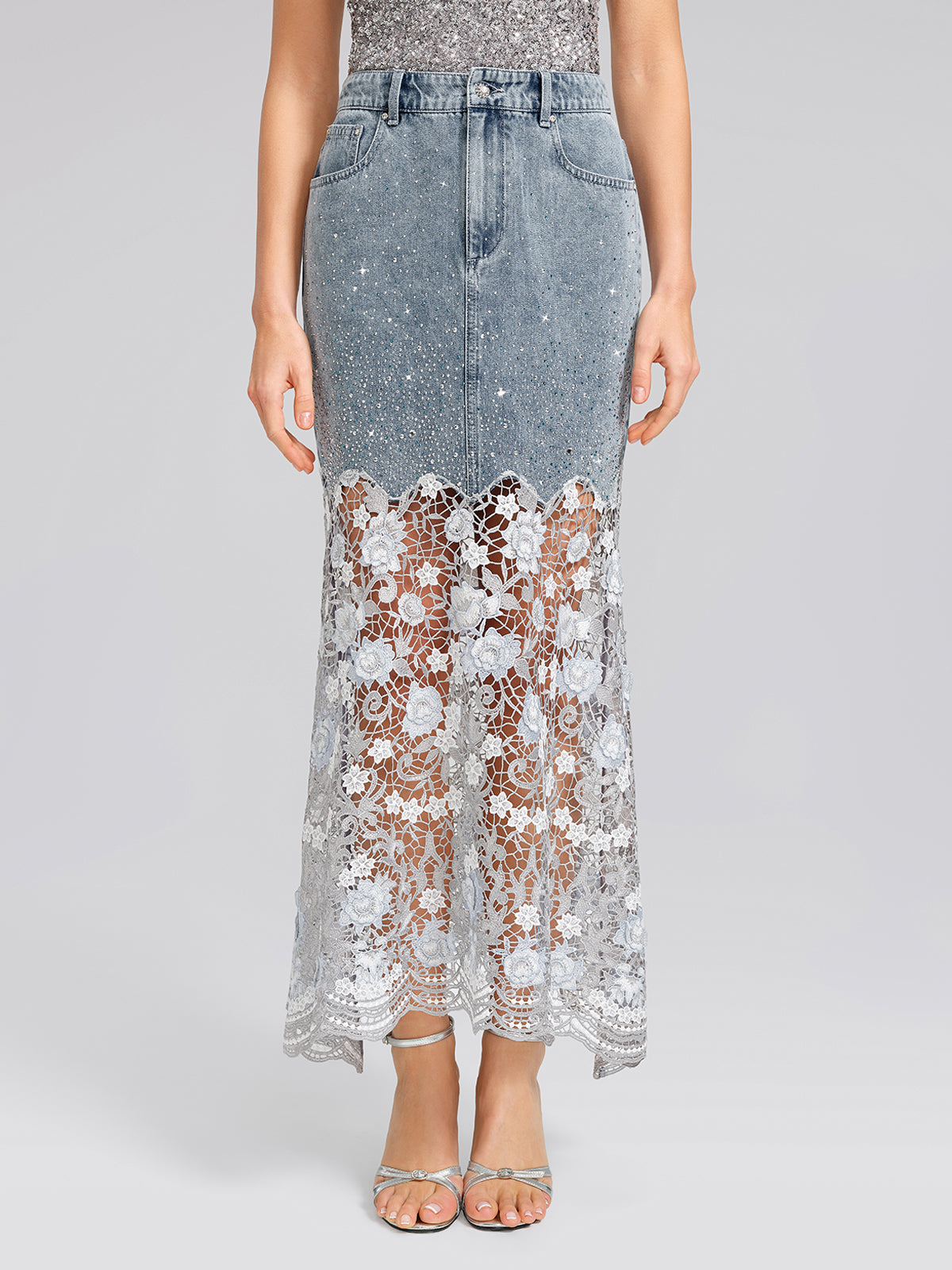 Rhinestone Lace-Panel Denim Skirt