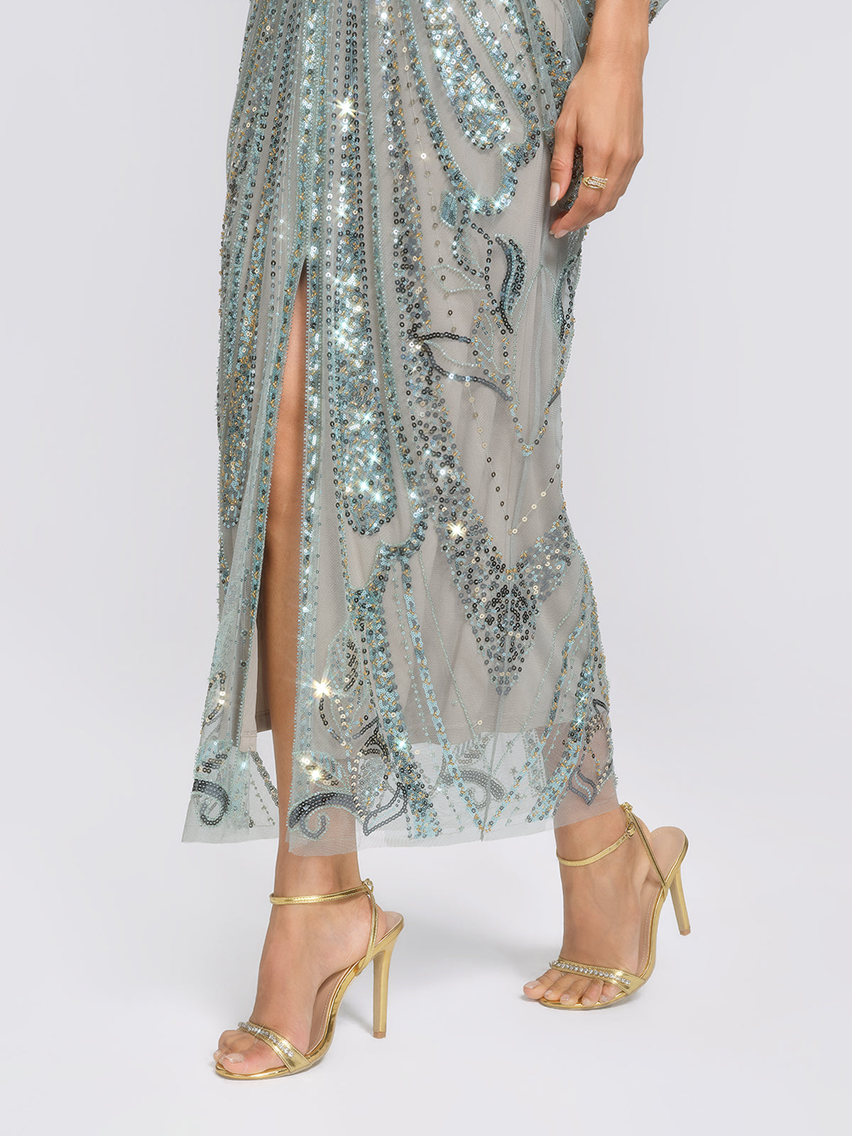 Beaded Sequin Mesh V-Neck Dress