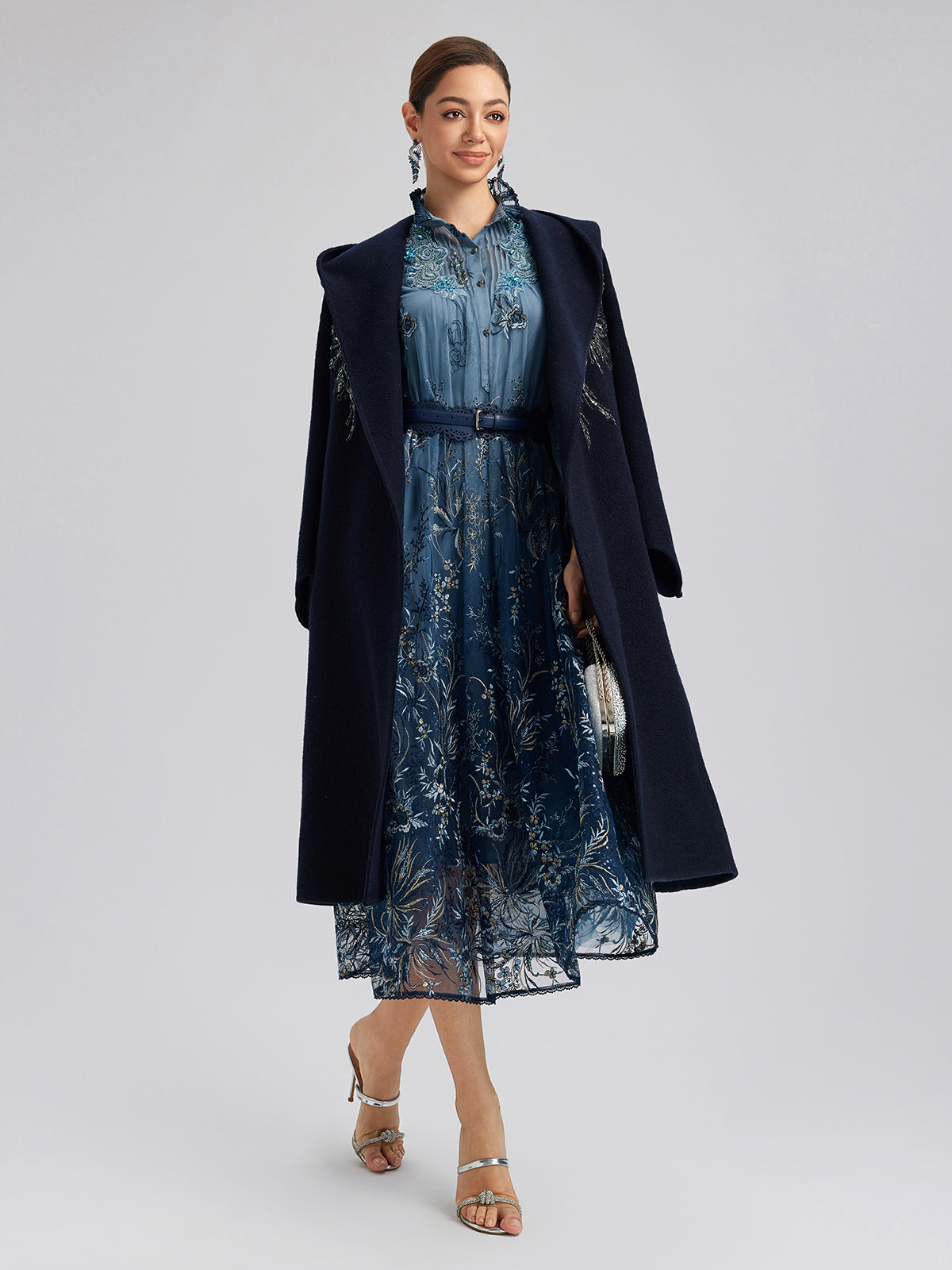 Sequin-Embroidered Double-Faced Wool Hooded Coat