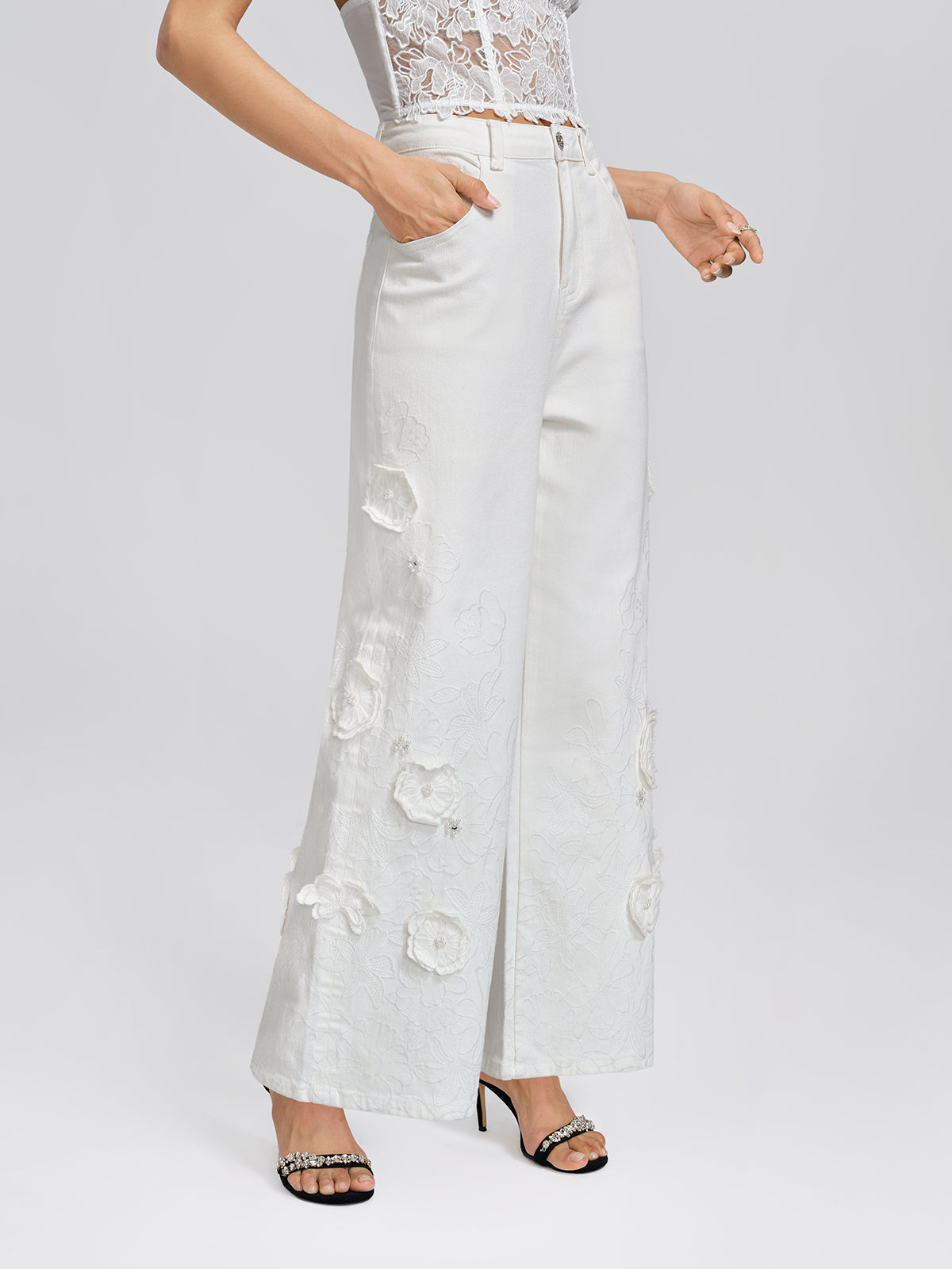 3D Floral Embroidered Beaded Wide-Leg Jeans