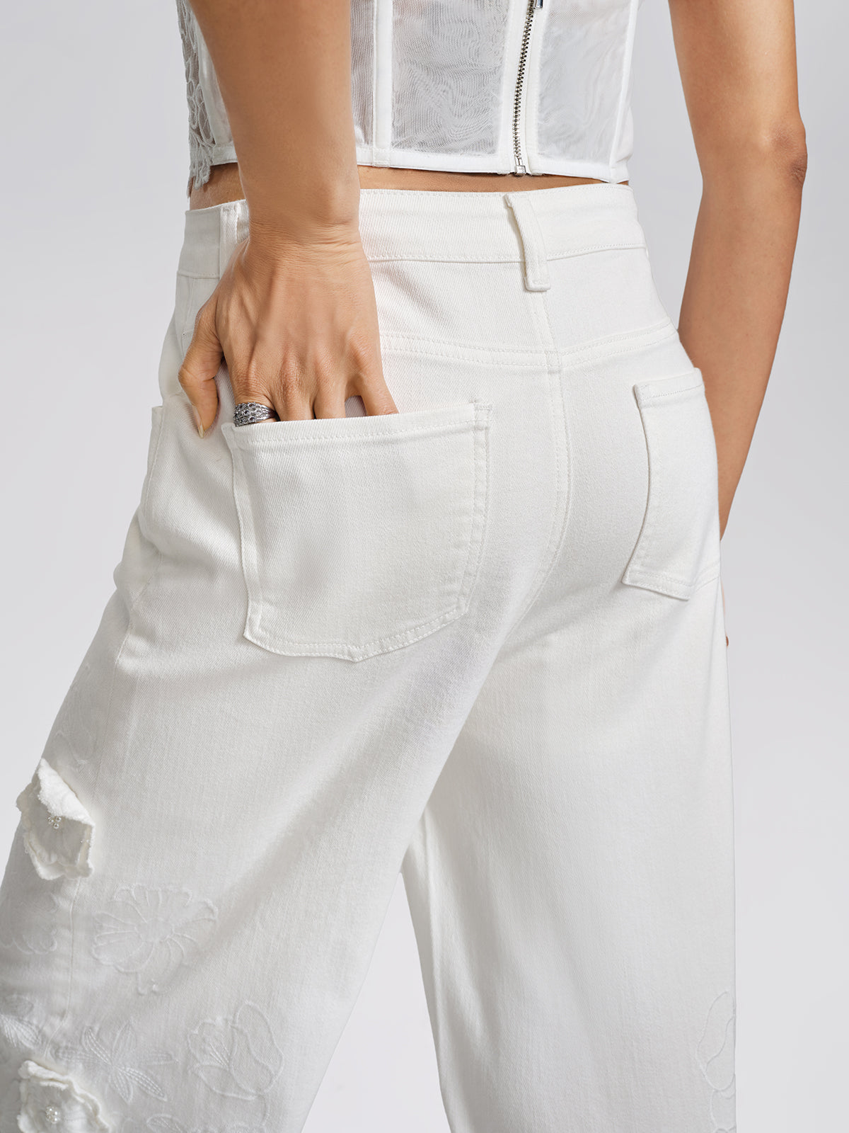 3D Floral Embroidered Beaded Wide-Leg Jeans